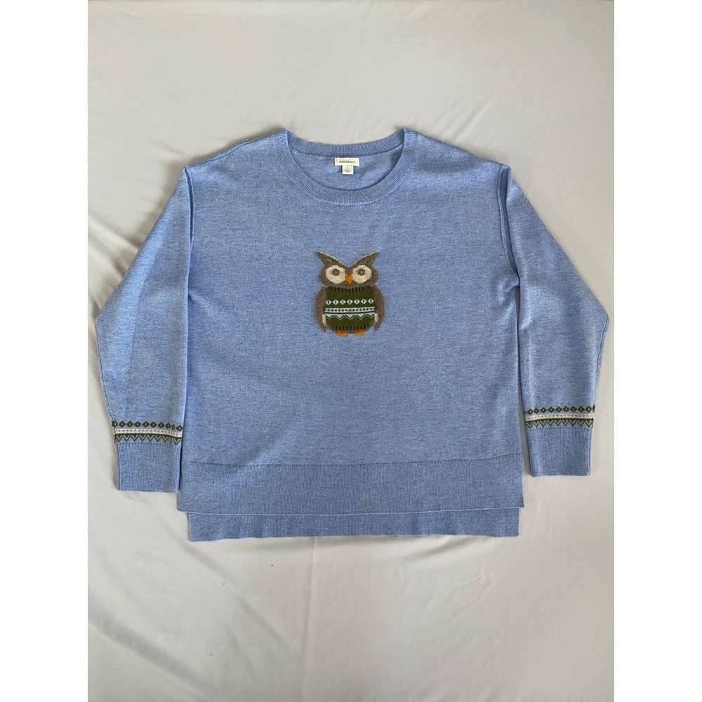 Sundance Womens Large Owl Sweater Blue Wool Blend Oversized Pullover Cottagecore